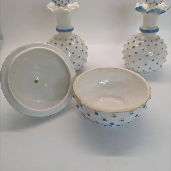 Vintage Blue & White Milk Glass Hobnail (2) Perfume + Trinket Box - Picture 2 of 12